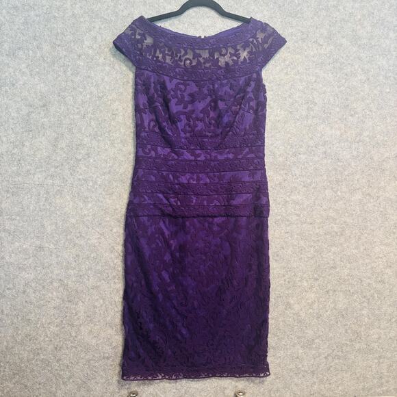 Tadashi Shoji Dress Womens Size 6 Purple Lace Sheath Zip Cocktail Party Elegant - Picture 1 of 16